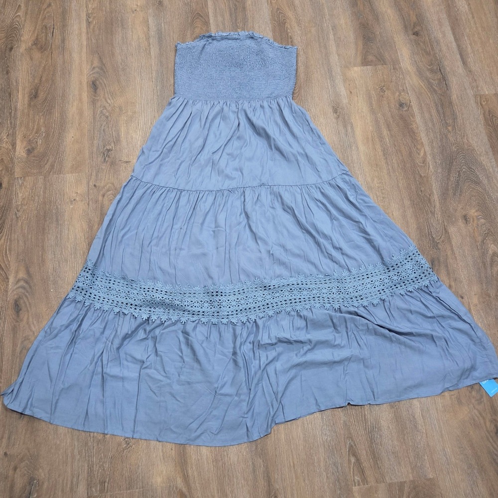 Cupshe Womens Blue Smocked Strapless Maxi Dress Crochet Lace Tiered L
